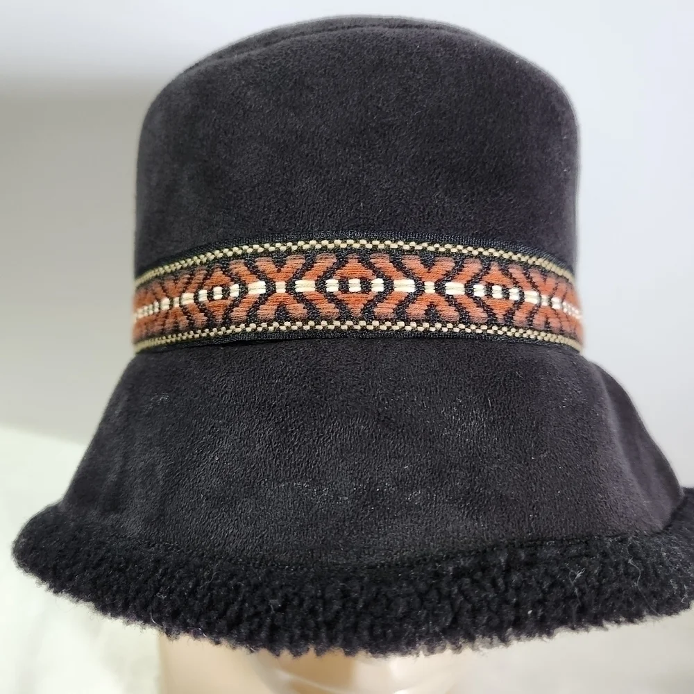 NINE & Company Black Faux Suede Faux Fur Tribal Native Aztec Bucket Hat
